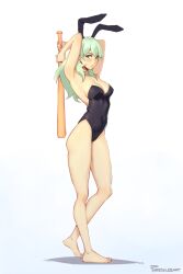 1girls alternate_costume armpits arms_up artist_name bare_legs barefoot baseball_bat black_bunny_ears black_bunnysuit black_leotard blush breasts bunny_ears bunny_girl bunnysuit byleth_(female)_(fire_emblem) byleth_(fire_emblem) byleth_(fire_emblem)_(female) cleavage commentary_request covered_navel female female_only fire_emblem fire_emblem:_three_houses full_body green_eyes green_hair groin hi_res highres holding holding_baseball_bat large_breasts leotard long_hair medium_breasts nintendo phrecklesart plain_background playboy_bunny short_hair solo standing strapless strapless_leotard thighs watermark