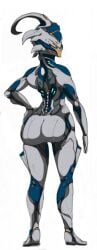 1girls ass harkonner hips large_ass looking_at_viewer looking_back nyx_(warframe) simple_background thighs warframe white_background