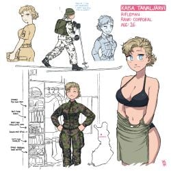 1girls big_breasts blonde_female blonde_hair blue_eyes female finland kaisa_taivaljarvi lingerie looking_to_the_side military military_uniform national_personification no_sex non_sexual ostwindprojekt_(artist) shirtless shirtless_female smile soldier underwear