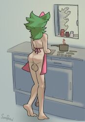 apron_only ass cooking feet femboy green_hair headdress hung_trap kitchen lenny_(sumghoul) male male_only nude stove sumghoul window