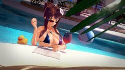 3d big_breasts bikini brown_hair clothed doki_doki_literature_club flower_in_hair green_eyes i_do_things_(thingsdoi) koikatsu looking_at_viewer looking_over_eyewear looking_over_glasses looking_over_sunglasses mole_on_breast monika_(doki_doki_literature_club) pool sunglasses tinted_eyewear wet_body