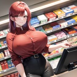 ai_generated big_breasts cashier nipples_visible_through_clothing original_character red_hair supermarket tagme