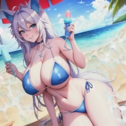 1girls ai_generated beach beach_background beach_umbrella big_ass big_breasts big_butt bikini blue_eyes blue_inner_ear blue_popsicle breasts hips huge_ass huge_breasts looking_away massive_breasts ocean popsicle sand smile smiling stable_diffusion white_ears white_hair white_tail