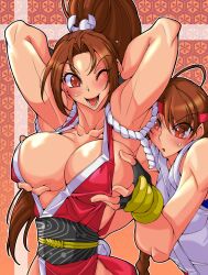 2girls armpits arms_up bare_shoulders blush braid breasts brown_eyes brown_hair cleavage dougi fatal_fury female fingerless_gloves gloves grabbing grabbing_another's_breast grabbing_from_behind groping headband high_ponytail highres japanese_clothes king_of_fighters large_breasts long_hair mai_shiranui molestation multiple_girls open_mouth pelvic_curtain ponytail red_headband revealing_clothes rope ryuuko_no_ken sideboob single_braid smile snk spandex thighs tomboy yoshitsuki yuri yuri_sakazaki