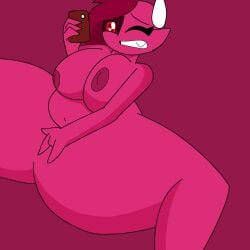 big_breasts chubby_female demon_girl jacksita1234 jacksita_(jacksito) masturbating phone_in_hand red_eyes red_hair red_skin thick_thighs