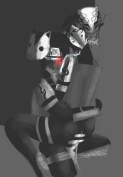 anal anbu bleach blush crossover cum highres hollow_mask kuchiki_rukia leggings mask monochrome naruto naruto_(series) non-web_source sex sharingan simple_background spot_color uchiha_itachi vaginal_penetration