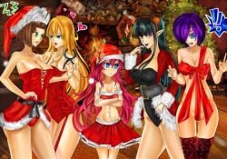 5girls agrat_bat_mahlat_(majo_taisen) black_hair blonde_hair blue_eyes brown_hair christmas christmas_outfit elizabeth_bathory_(majo_taisen) female female_only green_eyes jeanne_d'arc_(majo_taisen) light-skinned_female light_skin long_hair majo_taisen maria_antonieta_(majo_taisen) merry_christmas orange_hair red_eyes red_hair ribbon ribbon_bondage ribboned_body santa_costume santa_hat short_hair size_difference tagme tomoe_gozen_(majo_taisen) vodka_(artist) yuri