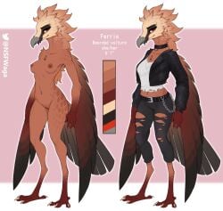 accipitrid accipitriform anthro avian avian_feet beak bearded_vulture belt bird bottomwear breasts choker claws clothed clothing feathered_arms feathers female front_view fully_clothed genitals hi_res jacket jewelry leather leather_clothing leather_jacket leather_topwear model_sheet necklace nipple_piercing nipples non-mammal_breasts non-mammal_nipples nude old_world_vulture pants piercing pussy smile solo tan_body tan_feathers topwear torn_bottomwear torn_clothing torn_pants vulture w4g4