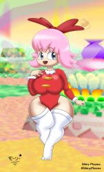 1girls alternate_version_available big_breasts blue_eyes blush bow breasts clothed clothed_female female female_only floating full_body hairbow kirby_(series) open_mouth open_smile pink_hair red_bow ribbon_(kirby) short_hair smile solo solo_female stockings superstarplasma wings