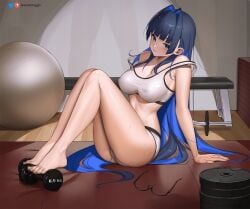 1girls bare_legs barefoot big_breasts blue_eyes blue_hair breasts feet female female_only greatodoggo hololive hololive_english hololive_english_-council- hololive_english_-promise- large_breasts light-skinned_female light_skin long_hair naughty_face ouro_kronii smile sports_bra sportswear thighs virtual_youtuber