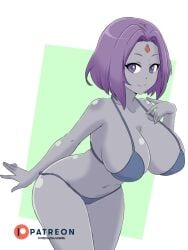 1girls alternate_costume big_breasts bikini blue_bikini blue_swimsuit breasts cleavage dc dc_comics female female_only grey_skin looking_at_viewer navel noboru purple_eyes purple_hair rachel_roth raven_(dc) smile solo swimsuit teen_titans