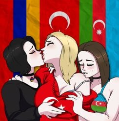 3girls armenia armenian armenian_flag azerbaijan azerbaijani_flag biting_lip black_hair blonde_hair blush bra brown_hair clothing doomer_girl edit edited female female_only fff_threesome french_kiss goth groping hellonearthiii kissing mommy_e-thot multiple_girls national_personification third-party_edit tradwife turkey turkish_flag undressing wojak_comics yuri