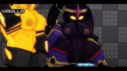 1boy 2girls 3d 3d_(artwork) armor black_hair black_hair_female black_penis breasts dark-skinned_female dark_skin female grey_penis large_breasts long_hair long_hair_female male molten_boss orange_skin riding riding_penis roblox roblox_game robloxian robot_boy source_request tagme the_umbra tower_defense_simulator vanilla1145