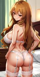 aged_up ai_generated aisaka_taiga ass bra from_behind garter_belt hand_on_hip huge_ass large_breasts looking_back orange_eyes orange_hair panties shoulder_blades smug smug_face stable_diffusion toradora! white_lingerie wide_hips