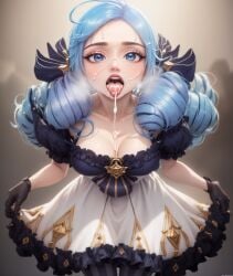 1girls ahoge ai_generated blue_eyes blue_hair breasts collarbone cum cum_in_mouth cum_on_breasts cum_on_face drill_hair frilled_dress gwen_(league_of_legends) hair_ornament holding_dress large_breasts league_of_legends riot_games stable_diffusion teeth tongue tongue_out