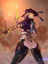 1girls ass assless_chaps blonde_hair bottomless breasts female female_focus female_only gold_jewelry guns hat looking_at_viewer looking_back mask mesa_(warframe) mesa_prime_(warframe) open_clothes red_eyes solo_female warframe weapon