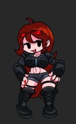 :3 belly_button boots brown_hair friday_night_funkin girlfriend_(friday_night_funkin) glasses gloves hand_on_hip huge_breasts jacket looking_away madness_combat shorts shoulder_pads tagme thick_thighs wide_hips