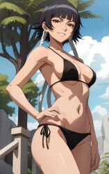 1girls ai_generated bikini black_hair bleach blunt_bangs braids breasts curvaceous female female_only front_view looking_at_viewer midriff nai_diffusion outdoors petite pinup short_hair short_hair_with_long_locks smile soifon solo stable_diffusion sui-feng swimsuit twin_braids