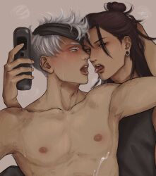 2boys black_hair blue_eyes color earrings gay jojowolist jujutsu_kaisen kissing long_hair male/male male_focus muscular_male nipples phone photo satoru_gojo suguru_geto telephone white_hair yaoi