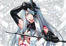 blade cleavage cleavage_cutout himiko_(majo_taisen) latex_gloves majo_taisen silver_hair sword tagme tattoo tongue tongue_out