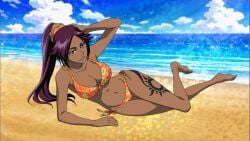 16:9_aspect_ratio 1girls bare_arms bare_legs bare_shoulders barefoot beach belly bikini bleach bleach_brave_souls breasts clavicle cleavage clothing dark-skinned_female dark_skin feet female female_focus hand_on_head hand_on_own_head high_resolution large_breasts legs long_hair looking_at_viewer midriff navel official_art orange_bikini orange_swimsuit ponytail purple_hair shihouin_yoruichi side-tie_bikini side-tie_bikini_bottom smile solo swimsuit tattoo tied_hair waves yellow_eyes