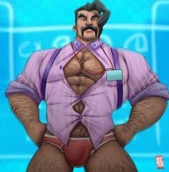 1boy 1male abs bara biceps bulge daddy dilf doctor_anfelo gay hairy_chest hi_res highres male male_focus male_only male_pubic_hair mr._saguaro muscular muscular_male npc_trainer pokemon pokemon_sv solo solo_male underwear