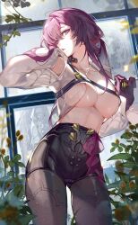 1girls akizero1510 breasts harness honkai:_star_rail honkai_(series) kafka_(honkai:_star_rail) looking_at_viewer open_shirt pose purple_hair shorts stockings