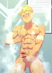 1boy 1male abs absurdres ass_visible_through_thighs bandaged_arm bandages bandaid bandaid_on_face bandaid_on_nose bar_censor bara bathroom blonde_hair brown_eyes censored commentary_request completely_nude cowboy_shot cum cumshot ejaculation erect_penis erection hand_up highres holding_penis indoors legs_apart male male_focus male_masturbation male_only masturbation muscular muscular_male navel nipple_tweak nipples nude original parted_lips penis projectile_cum rikigo shiny_skin shower solo spiked_hair standing steam testicles thick_eyebrows tile_wall tiles toned toned_male tweaking_own_nipple wet