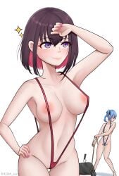 areola_bulge areola_slip areolae azki_(hololive) body_bag clothed clothed_female confident female gibb_san hololive hololive_gen_0 hololive_japan hoshimachi_suisei knife light-skinned_female light_skin lips medium_breasts nude nude_female practically_nude sling_bikini sling_swimsuit slingshot_swimsuit small_breasts thick_ass thick_thighs virtual_youtuber