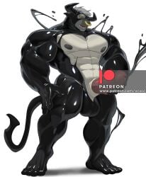 1boy abs anthro balls bara bara_tits bare_chest big_balls big_penis big_thighs bull censored covered_in_goo cum cumming cxcxxcxxxx furry gimp gimp_mask goo goo_clothing horn horns living_suit male massive_penis muscles muscular muscular_arms muscular_legs muscular_male muscular_thighs nipples nose_ring pecs penis solo symbiote tail unusual_cum watermark