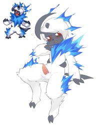 absol absurd_res anthro blue_fire blush bodily_fluids colored_fire fire fusion generation_2_pokemon generation_3_pokemon genital_fluids genitals hi_res male male_only nintendo pokemon pokemon_(species) pokemon_fusion pokemon_infinite_fusion precum red_eyes shoko_contane simple_background solo typhlosion white_body