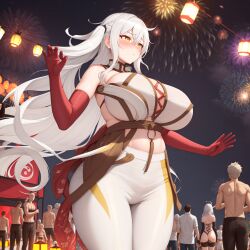 1girls 2023 2girls 6+boys ai_generated asmoday_(genshin_impact) blush bodysuit breasts breasts_bigger_than_head bulge bursting_breasts bursting_clothes clothed clothing festival fireworks genshin_impact gloves happy hi_res highres hourglass_figure huge_breasts human large_breasts light-skinned_female light_skin long_hair looking_at_breasts open_mouth people_in_background surprised voluptuous voluptuous_female white_hair