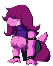 1girls 2023 2d 4_fingers areolae big_breasts bracelet bracelets breasts breasts_out color covered_eyes deltarune edit female female_only freckles freckles_on_breasts freckles_on_shoulders garbledina goldsden nipples pink_body pink_skin puffy_nipples purple_hair sharp_teeth shirt_lift shirt_up simple_background smile solo solo_female susie_(deltarune) tail thighs undertale_(series) white_background