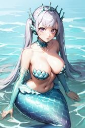 1girls ai_generated armor armwear belly big_breasts black_clover breasts cleavage crown curvy headwear large_breasts looking_at_viewer mermaid noelle_silva purple_eyes silver_hair smile thick_mermaid_hips thick_thighs thighs tiara twintails