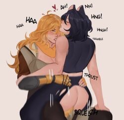 2girls blake_belladonna canon_couple cat_ears faunus functionally_nude functionally_nude_female hearts_around_head lesbeanlatte looking_at_partner moaning moaning_in_pleasure mostly_clothed multiple_girls rooster_teeth rwby strap-on yang_xiao_long yuri