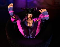 3d asian ass black_hair blender capcom cleavage feet feet_up female female_only foot_fetish foot_focus holding_legs juri_han large_breasts laying_down laying_on_back legs_spread legs_up looking_at_viewer presenting soles solo solo_female street_fighter street_fighter_6 sweat syclops toes