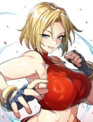 1girls big_breasts blonde_hair blue_eyes blue_mary breasts busty fatal_fury fingerless_gloves hi_res king_of_fighters large_breasts short_hair smile snk voluptuous