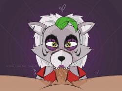 1girls animatronic blowjob choker deep_blowjob eye_contact eyelashes fellatio female five_nights_at_freddy's five_nights_at_freddy's:_security_breach fnaf green_hair horror kneeling oral oral_sex pov purple_eyeshadow purple_fur purple_lipstick robot roxanne_wolf_(fnaf) sharp_teeth steel_wool_studios straight two_tone_hair white_hair yellow_eyes