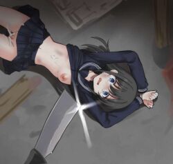 1girls beaten black_hair blue_eyes breasts hands_behind_head knife scared tagme tied_up watari_laboratory