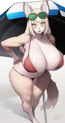 anthro armpits big_breasts bikini breasts canid canine cleavage clothed clothing eyewear eyewear_on_head female hi_res horny huge_breasts mammal shirokoma solo sunglasses sunglasses_on_head swimwear