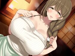 1girls bare_shoulders blush braid breasts brown_hair cleavage hi_res huge_breasts indoors jewel_(the_black_canvas) jewelry long_hair looking_at_viewer low-tied_long_hair mature_female off_shoulder onee-san_to_natsu_yasumi original parted_lips ring single_braid sitting smile solo sweat upper_body wedding_ring yellow_eyes