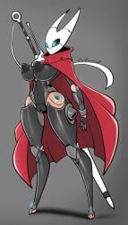 2023 absurd_res areola athletic_female black_areola black_body black_nipples breasts cape clothing fecharis female fingers hi_res hollow_knight hornet_(hollow_knight) insect insect_girl machine nipples red_cape robot robot_girl solo standing team_cherry vessel_(species) wide_hips zzvinniezz