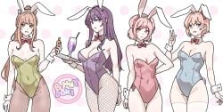 4girls animal_ears blue_eyes blush_lines bowtie bowtie_collar breasts bunny_ears bunny_suit bunnysuit carrot cleavage clothes clothing collar doki_doki_literature_club drink english_text female female_focus female_human female_only fishnets glass green_eyes holding holding_carrot holding_vegetable human human_female human_focus human_only long_hair matching_hair/eyes matching_hair_and_eye_color matching_hair_and_eyes monika_(doki_doki_literature_club) multiple_females multiple_girls natsuki_(doki_doki_literature_club) navel navel_visible_through_clothes only_female pink_eyes pink_hair purple_eyes purple_hair red_bowtie sayori_(doki_doki_literature_club) short_hair strawberry_blonde_hair text vegetable yuna_4568 yuri_(doki_doki_literature_club)