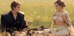 1girls 2d ai_generated anakin_skywalker areolae attack_of_the_clones big_breasts breasts breasts_out brown_clothing clothed clothed_female clothed_male clothing color day exposed_breasts female flashing flashing_breasts fully_clothed grass happy looking_at_viewer male meadow naboo nipples no_bra no_underwear on_ground outdoor_nudity outdoors outside padme_amidala pants partially_clothed picnic presenting presenting_breasts shirt shirt_lift short_hair side_view sitting slim_waist smile stable_diffusion star_wars straight white_clothing