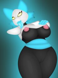 absurd_res anthro big_breasts breasts clothed clothing deltarune digital_media_(artwork) female floating_hands fur galaxyhusky genitals hair hi_res humanoid looking_at_viewer machine nipples nude pussy robot simple_background smile solo tasque_manager_(deltarune) undertale_(series) yellow_eyes