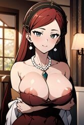 1girls ai_generated artist_request big_breasts breast_hold busty cleavage crossed_arms dress female female_only hilda_boreas_greyrat large_breasts long_hair mature mature_female mature_woman milf mushoku_tensei necklace nipple_slip red_hair smile solo voluptuous