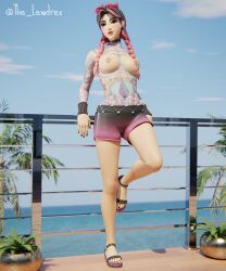 1girls 3d alternate_version_available areolae balcony beach_jules blender bottomwear braid braided_hair braided_ponytail breasts cloud clouds epic_games female female_focus female_only fortnite freckles freckles_on_face green_eyes half-dressed half_naked highres jules_(fortnite) lewdrex light-skinned_female light_skin looking_at_viewer medium_breasts nipple_piercing nipples nose_piercing pierced_nipples piercing piercings pose posing presenting presenting_breasts railing sandals shorts sky smile smiling solo solo_focus standing tattoo tattoos topless twin_braids twintails two_tone_hair watermark