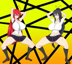 2girls ahoge akeno_himejima arms_behind_head arms_up big_breasts blue_eyes_female blue_hair blue_hair_female censored high_school_dxd huge_breasts long_blue_hair long_hair long_red_hair no_panties ponytail red_hair rias_gremory sihkygmojsn skirt spread_legs squatting thick_thighs waist_length_hair