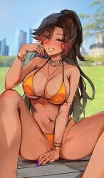 arms ass bikini breasts brown_hair character_request eyes face female foxy_rain_(foxyreine) foxyrain_(foxyreine) foxyreine full_body hair humanoid jewelry legs legs_spread limbs long_hair naked sitting smiling steam tongue_out