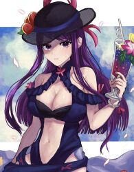 1girls alternate_costume bare_shoulders black_headwear blue_one-piece_swimsuit blue_swimsuit breasts cleavage clothing_cutout cup dress dress_swimsuit drink female female female_only fire_emblem fire_emblem_engage fire_emblem_heroes hat highres ivy_(fire_emblem) ivy_(summer)_(fire_emblem) large_breasts leon0630claude long_hair looking_at_viewer mole mole_under_mouth navel nintendo official_alternate_costume one-piece_swimsuit purple_eyes purple_hair solo stomach stomach_cutout swimsuit